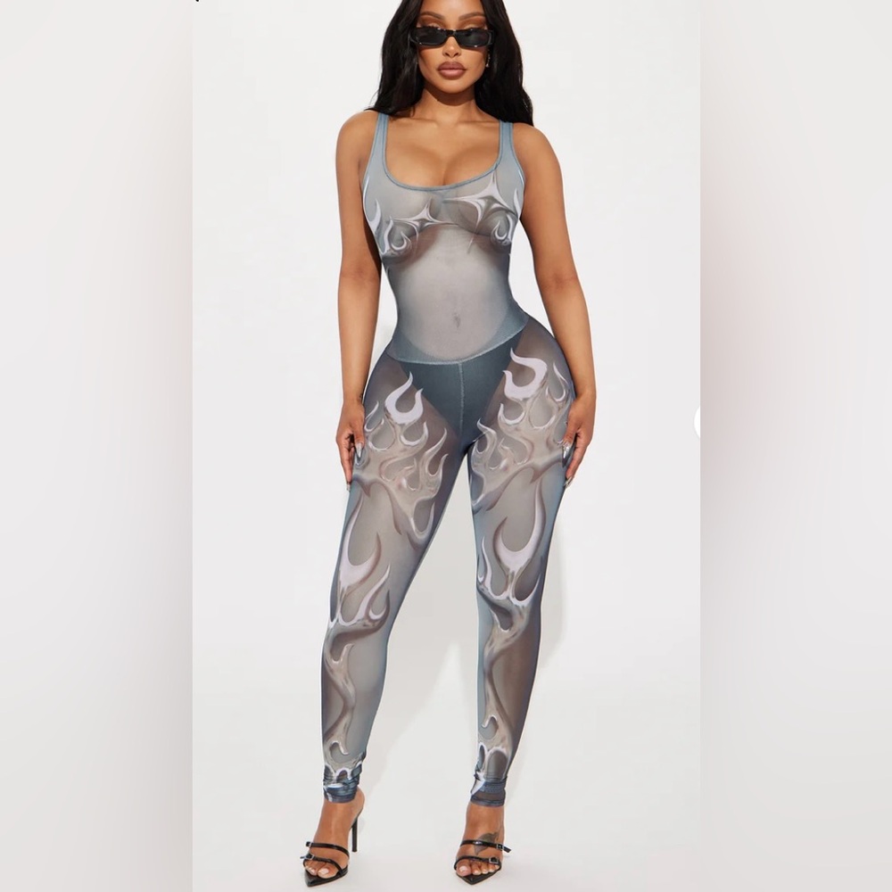 Fashion Nova “Hotter than your Ex”Gray Flame Jumpsuit-Size Large